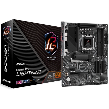 ASROCK MB Desktop B650 PG Lightning, AM5, 4x DDR5, 1x PCIe 4.0 x16, 2x PCIe 4.0 x1, 1x Blazing M.2(PCIe Gen5x4), 1x Hyper M.2(PCIe Gen4x4), 1x M.2, 4x SATA3 6.0 Gb/s, 7.1 CH HD Audio, 1x HDMI, 2.5G LAN, 9x USB 3.2, 2x USB-C, 8x USB 2.0