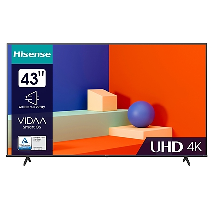 Hisense 43" A6K, 4K Ultra HD 3840x2160, DLED, DFA, Precision Colour, HDR 10+, HLG, Dolby Vision, DTS Virtual X, Smart TV, WiFi, BT, AnyView Cast, Gaming Mode, 1xHDMI2 eArc, 2xHDMI, 2xUSB, LAN, CI+, DVB-T2/C/S2, Black