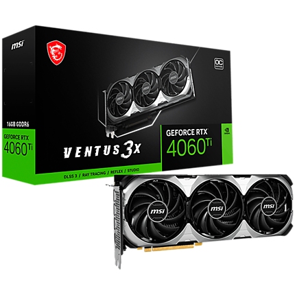 MSI Video Card NVidia GeForce RTX 4060 TI VENTUS 3X 16G OC, 16GB GDDR6X, 128-bit, 2625 MHz Boost, 4352 CUDA Cores, PCIe 4.0, 3x DP 1.4a, HDMI 2.1a, RAY TRACING, Triple Fan, 550W Recommended PSU, 3Y