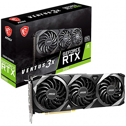 MSI Video Card Nvidia GeForce RTX 3060 VENTUS 3X 12G OC, 12GB GDDR6, 192-bit, 360 GB/s, 15 Gbps Effective Memory Clock, 1807 MHz Boost, 3584 CUDA Cores, PCIe 4.0, 3x DP 1.4a, HDMI 2.1,RAY TRACING,Triple Fan, 550W Recommended PSU, Metal Backplate, 3Y