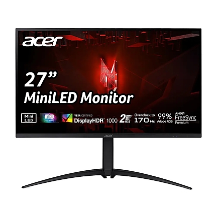 Acer Nitro XV275UP3biiprx, 27" VA, Anti-Glare, QHD Mini Led 2560x1440, 99% AdobeRGB, ZeroFrame, FreeSync Premium, up to 170Hz, 1ms, 100M:1, 600 up to 1000 cd/m2, 1xDP, 2xHDMI, Audio out, VESA, Tilt, Swivel, Hgt Adj, Pivot, Acer Display Widget, Black