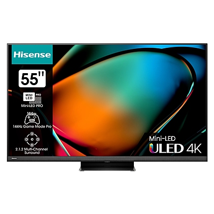 Hisense 55" U8KQ, 4K Ultra HD 3840x2160, ULED Pro, FALD, Quantum Dot, 144Hz, IPS, HDR 10+, HLG, Dolby Vision IQ, Dolby Atmos, Smart TV, WiFi 5GHz, WiFi Direct, BT, Anyview Cast, 4xHDMI, 2xUSB, LAN, CI+, DVB-T2/C/S2, Black