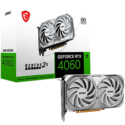 MSI Video Card Nvidia GeForce RTX 4060 VENTUS 2X WHITE 8G OC, 8GB GDDR6, 128bit, Boost: 2490 MHz, 3072 CUDA Cores, PCIe 4.0, 3x DP 1.4a, HDMI 2.1a, RAY TRACING, Dual Fan, 1x 8pin, 550W Recommended PSU, 3Y