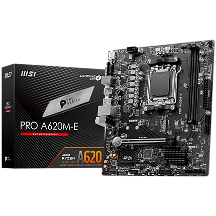 MSI PRO A620M-E, mATX, Socket AM5, Dual Channel DDR5 6800+MHz, 1x PCIe x16 slot, 1x M.2 slot, 1x HDMI, 1x VGA, 2x USB 3.2 Gen 1, 4x USB 2.0, 7.1 HD Audio, Realtek RTL8111H Gigabit LAN, 3Y