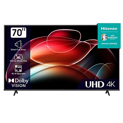 Hisense 70" A6K, 4K Ultra HD 3840x2160, DLED, DFA, Precision Colour, HDR 10+, HLG, Dolby Vision, DTS Virtual X, Smart TV, WiFi, BT, AnyView Cast, Gaming Mode, 1xHDMI2 eArc, 2xHDMI, 2xUSB, LAN, CI+, DVB-T2/C/S2, Black