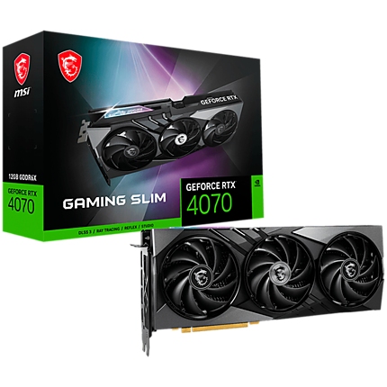 MSI Video Card Nvidia GeForce RTX 4070 GAMING SLIM 12G, 12GB GDDR6X, 192bit, Boost: 2490 MHz, 5888 CUDA Cores, PCIe 4.0, 3x DP 1.4a, HDMI 2.1a, RAY TRACING, Triple Fan, 1x 16pin, 650W Recommended PSU, 3Y