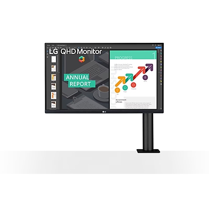 LG 27QN880P-B, 27" Wide LED, QHD Ergo (2560x1440) IPS Display, sRGB 99%, 75Hz, 5ms, 1000:1, Mega DFC, 350 cd/m2, AMD FreeSync, MAXX Audio 5W x 2, USB type-C, HDMI, Reader Mode, DisplayPort, Headphone out, Tilt, Height (Range), Swivel, Pivot, Black