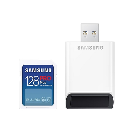 Samsung 128GB SD Card PRO Plus with USB Reader, Class10, Read 180MB/s - Write 130MB/s