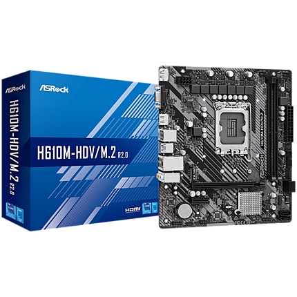 ASROCK Main Board Desktop H610M-HDV/M.2 (S1700, 2x DDR4, 1x PCIe 4.0 x16, 1x PCIe 3.0 x1, 4x SATA3 6.0Gb/s, 1x m.2 PCIe, 4x USB 3.2, 6x USB 2.0, 1x Com port header, 1x VGA, 1x HDMI, 1x DP 1.4, 1x GLAN, mATX) Retail