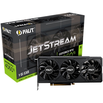 Palit RTX 4060Ti JetStream 16GB GDDR6, 128 bits, 1x HDMI 2.1a, 3x DP 1.4a, 3-fan, 1x 8-pin Power connector, recommended PSU 650W, NE6406T019T1-1061J