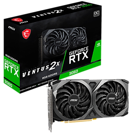 MSI Video Card Nvidia GeForce RTX 3060 VENTUS 2X 8G OC, 8GB GDDR6, 128-bit, 15 Gbps Effective Memory Clock, 1807 MHz Boost, 3584 CUDA Cores, PCIe 4.0, 3x DisplayPort 1.4a, HDMI 2.1, RAY TRACING, Dual Fan, 550W Recommended PSU, Metal Backplate, 3Y