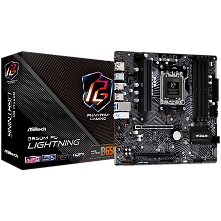 ASROCK B650 PG LIGHTNING AM5 Socket, 4x DDR5 7200+ Dual Channel RAM, PCIe 4.0 x16, 3.0 x16, 3x M.2 socket, 4x SATA 6GB, 17x USB, 7.1 Audio, 2.5GB LAN, mATX