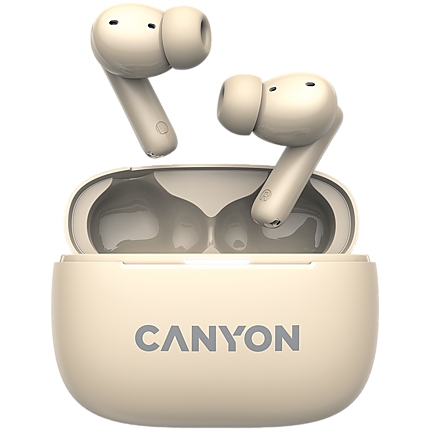 CANYON OnGo TWS-10 ANC+ENC, Bluetooth Headset, microphone, BT v5.3 BT8922F, Frequence Response:20Hz-20kHz, battery Earbud 40mAh*2+Charging case 500mAH, type-C cable length 24cm,size 63.97*47.47*26.5mm 42.5g, Beige