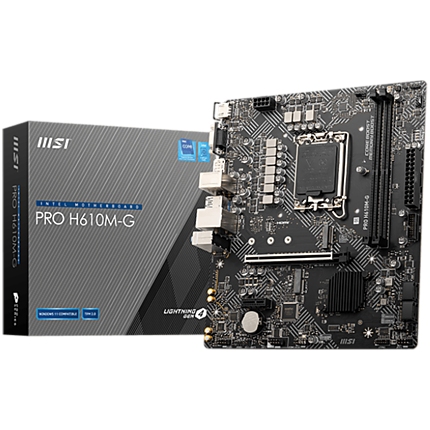 MSI PRO H610M-G, mATX, LGA1700, Dual Channel DDR5 5600+MHz, 1x PCIe x16 slot, 1x M.2 slot, 1x HDMI, 1x VGA, 2x USB 3.2 Gen 1, 4x USB 2.0, 7.1 HD Audio, Realtek ALC897 Codec, 1G LAN, 3Y