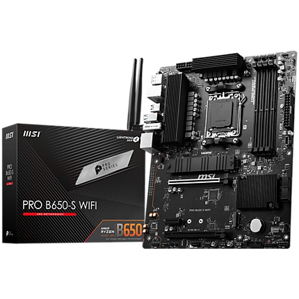 MSI PRO B650-S WIFI,ATX, Socket AM5,AMD B650 Chipset,4 DIMMs,Dual Channel DDR5 up to 7200+(OC)MHz,2x PCI-Ex16 slot, 2x M.2, 2x USB 3.2 Gen 2, 4x USB 3.2 Gen 1,4x USB 2.0,1x HDMI,1x DP,2.5G LAN,7.1 Audio,3y warranty