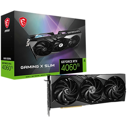 MSI Video Card NVidia GeForce RTX 4060 TI GAMING X SLIM 8G, 8GB GDDR6X, 128-bit, 2670 MHz Boost, 4352 CUDA Cores, PCIe 4.0, 3x DP 1.4a, HDMI 2.1a, RAY TRACING, Triple Fan, 550W Recommended PSU, 3Y