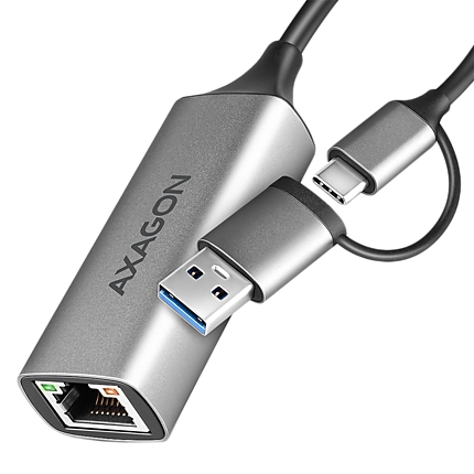 AXAGON ADE-TXCA USB-C USB3.2 Gen 1 + USB-A reduction- Gigabit Ethernet 10/100/1000 Adapter, metal, titan grey