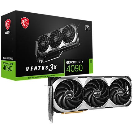 MSI Video Card Nvidia GeForce RTX 4090 VENTUS 3X E 24G OC,  24GB GDDR6X, 384-bit, 21 Gbps Effective Memory Clock, 2550 MHz Boost, 16384 CUDA Cores, 2 x DP v1.4a, 2 x HDMI 2.1a, 1 x 16-pin RAY TRACING, Triple Fan, 850W Recommended PSU, 3Y