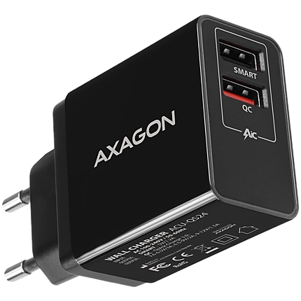 Dual wallcharger <240V / 2x USB port QC3.0/AFC/FCP + 5V-1.2A. 24W total power.