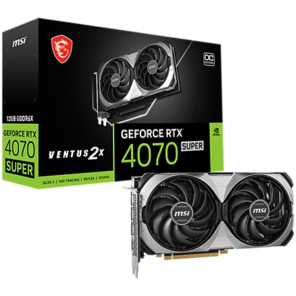 MSI Video Card NVidia GeForce RTX 4070 SUPER 12G VENTUS 2X OC, 12GB GDDR6X, 192-bit, 2505 MHz Boost, 7168 CUDA Cores, PCIe 4.0, 3x DP 1.4a, HDMI 2.1a, RAY TRACING, Dual Fan, 650W Recommended PSU, 3Y