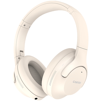 CANYON OnRiff 10, Canyon Bluetooth headset,with microphone,with Active Noise Cancellation function, BT V5.3 AC7006, battery 300mAh, Type-C charging plug, PU material, size:175*200*84mm, charging cable 80cm and audio cable 150cm, Beige, weight:253g