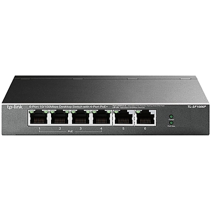 4-port 10/100Mbps Unmanaged PoE+ Switch with 2 10/100Mbps uplink ports, meta case, desktop mount, 4 802.3af/at compliant PoE+ port, 2 10/100Mbps uplink ports, DIP switches for Extend mode, Isolation mode and Priority mode, up to 250m PoE power supply