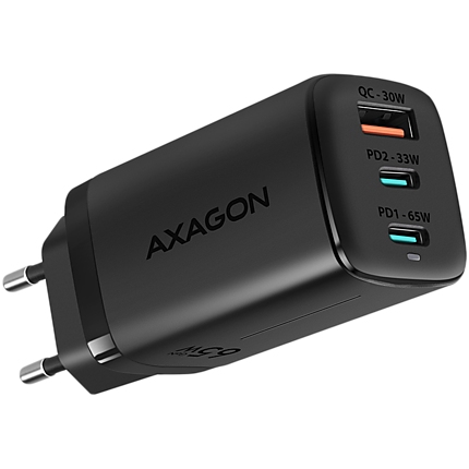 Axagon GaN wallcharger <240V / 3x port (USB + dual USB-C), PD3.0/QC4+/PPS/Apple. 65W total power.