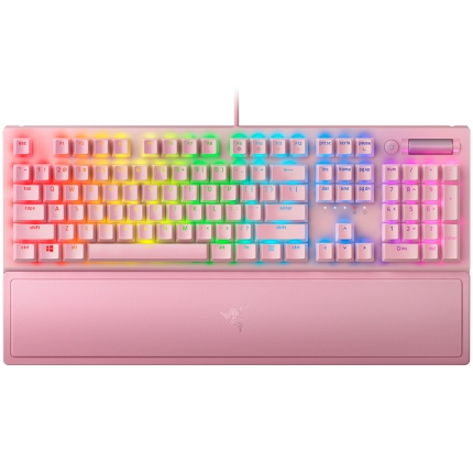 BlackWidow V3 (Green Switch) - US Layout - Quartz (pink),  Tactile and Clicky, Full size, Razer Chroma™ backlighting with 16.8 million customizable color options, Wrist rest, 80 million keystroke lifespan,Multi-function digital roller, Aluminum