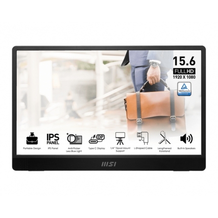 MSI PRO MP161 E2, Portable Monitor, 15.6" FHD IPS, Ultra Slim Design 1.08 cm, Connect with Smartphone, Display Kit app, MSI EyesErgo, Built-in Ergo Fold-out Kickstand, Built-in Speakers 2x 1.5W, 2x USB Type-C (DP 1.2a, 15W PD), mini HDMI, 4ms, 0.75 kg