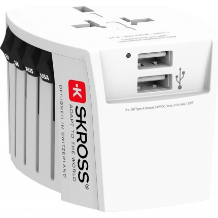 Адаптер SKROSS PRO MUV 2 x USB-A, 1.302960, World, Бял