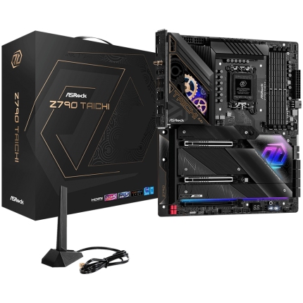 ASROCK MB Desktop Z790 Taichi, S1700, 4x DDR5, 2x PCIe 5.0 x16, 1x PCIe 4.0 x16, 4x Hyper M.2, 1x Blazing M.2, 1x Hyper M.2, 8x SATA3, 3x USB-C, 12x USB 3.2, 6x USB 2.0, 1x RJ-45 2.5GB Lan, 802.11ax Wi-Fi 6E + BT 5.3, 1x HDMI, 1x SPDIF, ATX