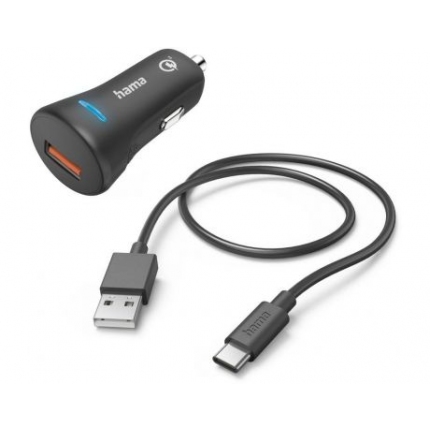 Зарядно за кола HAMA 12-24 V /USB-C 3A, Qualcomm Quick Charge 3.0, 19.5W+ кабел USB-C, 1 м, черен