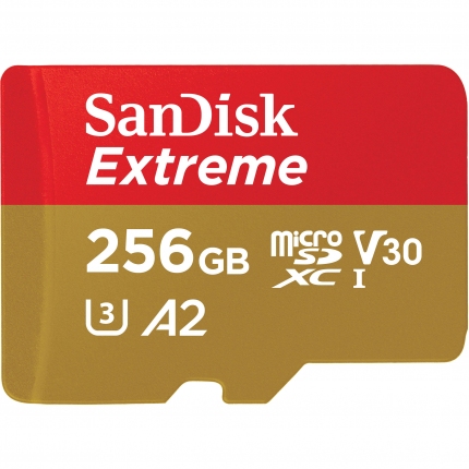 SanDisk Extreme microSDXC card for Mobile Gaming 256GB + 1 year RescuePRO Deluxe up to 190MB/s & 130MB/s Read/Write speeds A2 C10 V30 UHS-I U3, EAN: 619659188498