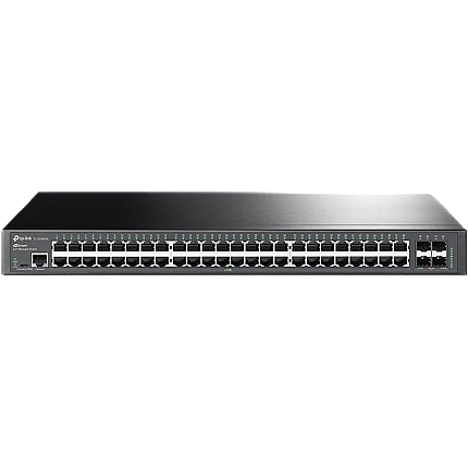 "JetStream 48-Port Gigabit L2+ Managed Switch with 4 10GE SFP+ SlotsPORT: 48× Gigabit RJ45 Ports, 4× 10G SFP+ Slots, RJ45/Micro-USB Console PortSPEC: 1U 19-inch Rack-mountable Steel CaseFEATURE: Integration with Omada SDN Controller, Static Routi