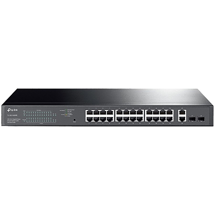 28-port gigabit Easy Smart switch with 24 PoE+ ports, 26 10/100/1000Mbps RJ-45 ports, 2 SFP uplink ports, compliant with 802.3af/at, 250W PoE budget, support Priority Mode, PoE Auto Recovery, 1U 19-inch rack mountable.