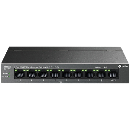 TP-Link LS109P 9-Port 10/100 Mbps Desktop Switch with 8-Port PoE+, 8× 10/100 Mbps PoE+ Ports, 1× 10/100 Mbps Non-PoE Port, 802.3at/af, 63 W PoE Power, Desktop Steel Case, Extend Mode for 250m PoE Transmitting, Isolation Mode, PoE Auto Recovery