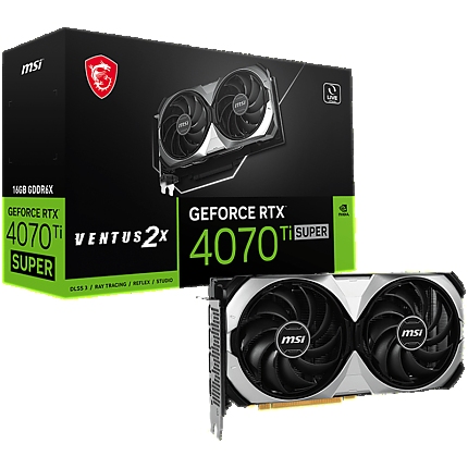 MSI Video Card Nvidia RTX 4070 Ti SUPER 16G VENTUS 2X, 16GB GDDR6X, 256bit, 21Gbps Memory speed, Boost: 2610MHz, 8448 CUDA Cores, 3x DP 1.4a, HDMI 2.1a, RAY TRACING, Dual Fan, 1x 16pin, 700W Recommended PSU, 3Y