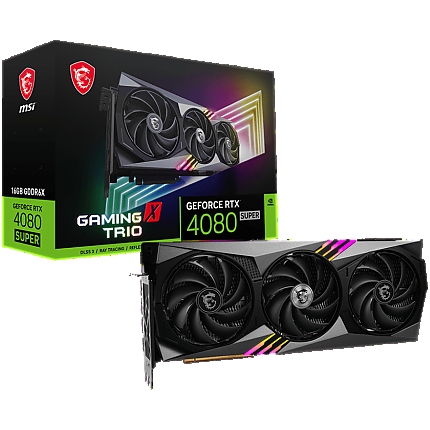 MSI Video Card Nvidia GeForce RTX 4080 SUPER 16G GAMING X TRIO, 16GB GDDR6X, 256-bit, 2610 MHz Boost, 10240 CUDA Cores, 23Gbps Memory speed, PCIe 4.0, 3x DP 1.4a, HDMI 2.1a, RAY TRACING, Triple Fan, 850W Recommended PSU, 3Y