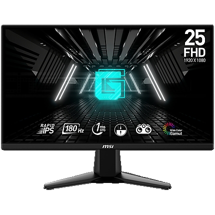 MSI G255F Gaming Monitor, 25" 180Hz, FHD (1920x1080) 16:9, Rapid IPS Anti-glare, 1ms, 300nits, 1000:1, 178°/178°, AMD FreeSync, Adjustable Stand, 1x DP, 2x HDMI, 1xHeadphone out, 3Y Warranty