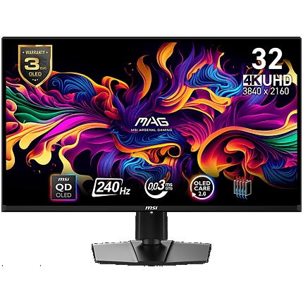 MSI MAG 321UPX QD-OLED Gaming Monitor, 32" 240Hz, UHD (2840x2160) 16:9, QD-OLED Anti-Reflection, 0.03ms, 250nits, 1500000:1, 178°/178°, Adaptive sync, Adjustable Stand, 1x DP, 2x HDMI, 1xType-C, 1xHeadphone out, 3Y Warranty