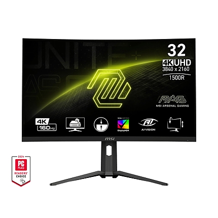 MSI MAG 321CUP, 31.5", VA, 160Hz, 1ms, UHD 3840x2160, Curved, FreeSync Premium, HDR 400, AI VISION, Console Mode, VRR, ALLM, CEC, PIP, PBP, 350 nits, 3000:1, 100M;1, DP (1.4a), 2x HDMI (2.1), 1x Type-C (DP alt. PD 15W), Adj.Stand 130mm, Tilt, VESA