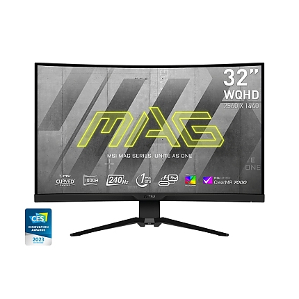 MSI MAG 325CQRXF, 31.5", Rapid VA, 240Hz, 1ms, WQHD 2560x1440, FreeSync Premium, HDR 400, ClearMR 7000, KVM, Mystic Light, Console mode, 400 nits, 4000:1, 100M;1, DP (1.4a), 2x HDMI (2.0), 1x Type-C (DP alt. PD 15W), USB HUB, Adj.Stand 100mm, Tilt, VESA