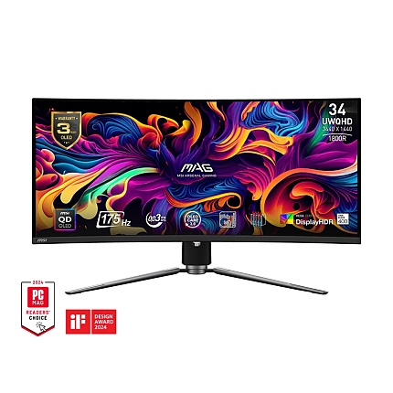 MSI MAG 341CQP QD-OLED, 34", 175Hz, 0.03ms, UWQHD 3440x1440, Oled Care 2.0, Fanless Design with Graphene, ClearMR 9000, HDR True Black 400, KVM, 250 nits, 1500000:1, 100M;1, DP (1.4a), 2x HDMI (2.1), Type-C (DP alt. PD 15W), USB HUB, Adj.Stand 100mm, VES