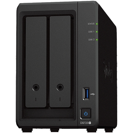 Synology DS723+, Tower, 2-Bays 3.5'' SATA HDD/SSD, 2 x M.2 2280 NVMe SSD, CPU AMD Ryzen R1600 dual-core (4-thread), max. boost up to 3.1 GHz, 2 GB DDR4 ECC SODIMM, 2 x 1GbE RJ-45, 1 X USB 3.2, 1 x eSATA, 1.51 kg, 3y