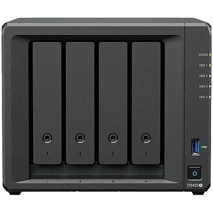 Synology DS423+, Tower, 4-Bays 3.5'' SATA HDD/SSD, 2 x M.2 2280 NVMe SSD, CPU Intel Celeron J4125 4-core (4-thread) 2.0 GHz, max. boost up to 2.7 GHz, 2 GB DDR4 ECC SODIMM, 2 x 1GbE RJ-45, 2 X USB 3.2, 1.51 kg, 3y