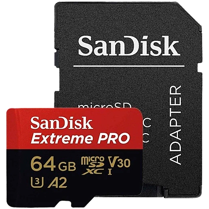 SANDISK Extreme PRO 64GB microSDXC + SD Adapter + 2 years RescuePRO Deluxe up to 200MB/s & 90MB/s Read/Write speeds A2 C10 V30 UHS-I U3