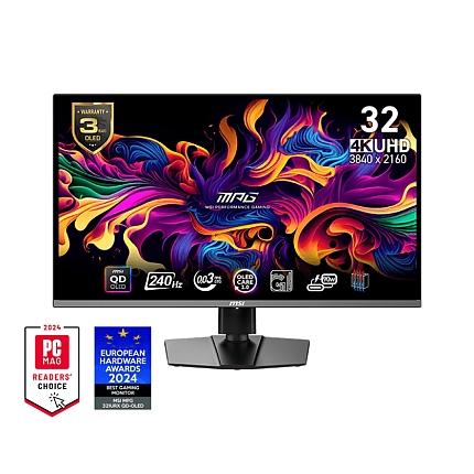 MSI MPG 321URX QD-OLED, 31.5", 240Hz, 0.03ms, UHD 3840x2160, Oled Care 2.0, Fanless Design w Graphene, ClearMR 13000, HDR True Black 400, AI VISION, 250 nits, 1500000:1, 100M;1, DP(1.4a), 2x HDMI(2.1), Type-C (DP alt. PD 90W), KVM, Adj.Stand 100mm, VESA