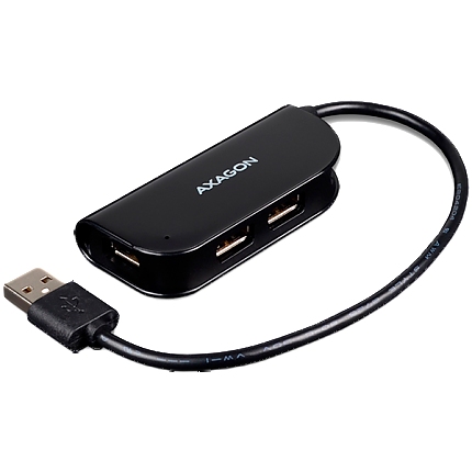 Handy four-port USB 2.0 hub with a permanently connected USB cable. Black.