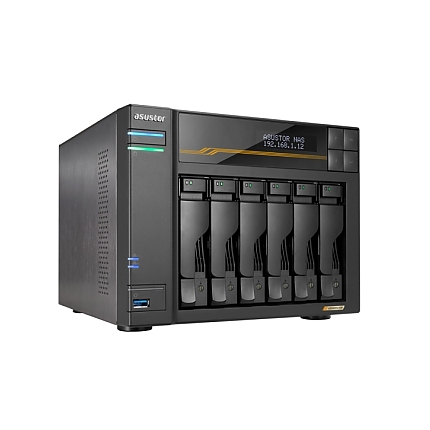 Asustor Lockerstor 6 Gen3 AS6806T 6 Bay NAS, Ryzen Embedded Quad-Core 2.3GHz CPU, Dual USB 4 Ports, Dual 10GbE Ports, Dual 5GbE Ports, 16G ECC RAM DDR5, (Max. 64GB), 4x M.2 SSD Slots (Diskless), 2 x Type C, Black