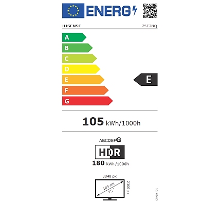 Hisense 75" E7NQ, 4K Ultra HD 3840x2160, QLED, Quantum Dot, HDR 10+, HLG, Dolby Vision, DTS Virtual X, Smart TV, Light Sensor, WiFi Direct, BT, Anyview Cast, 3xHDMI, 2xUSB, LAN, CI+, DVB-T2/C/S2, Black